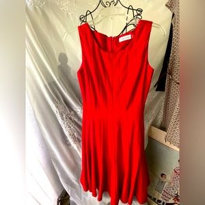 FIT AND FLARE RED“CALVIN KLEIN” SLEEVELESS LADIES DRESS..SZ.2..ZIPPER BACK
